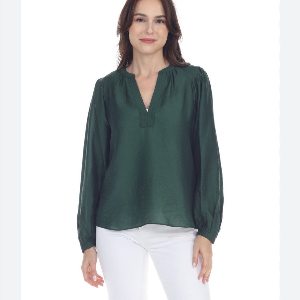 Current Air Kristie Open Placket Pleated Blouse Hunter Green Long Sleeve Sz XS